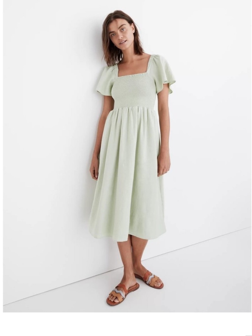 Madewell Linen-Blend Lucie Smocked Midi Dress green size medium